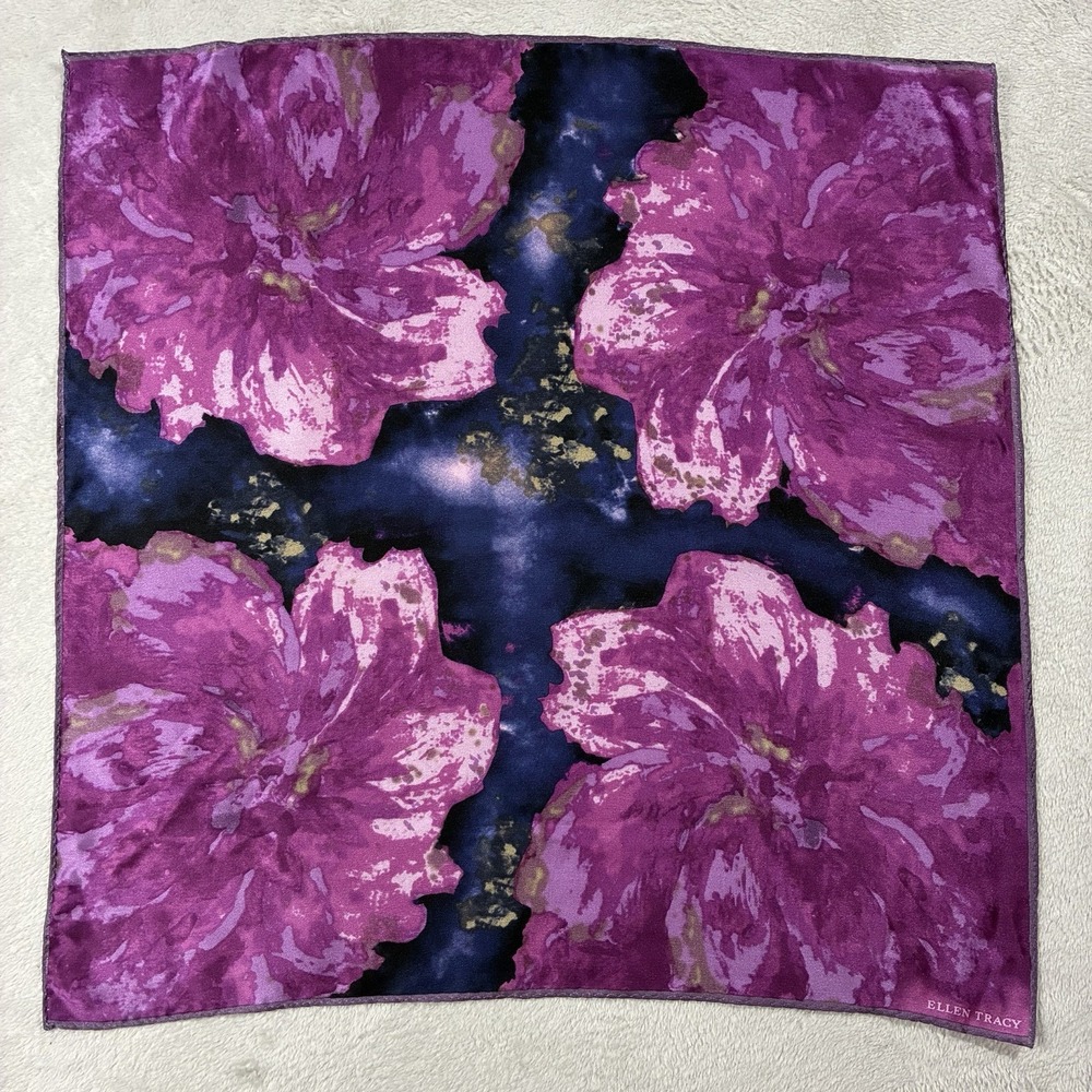 Ellen Tracy Silk Abstract Floral Square Scarf Navy Purple 21"x20" Artistic Luxe